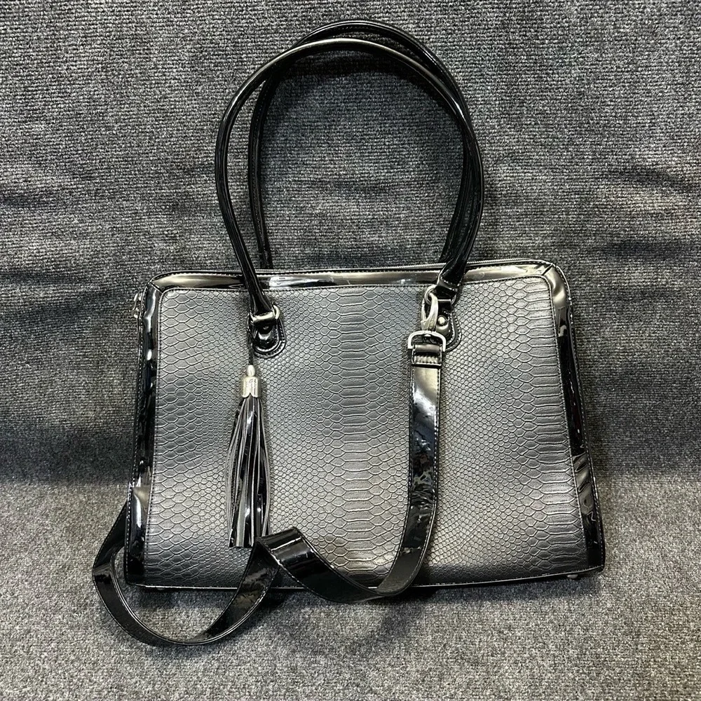 MY BEST FRIEND IS A BAG Black Patent Faux Snakeskin Laptop Computer Tote Satchel
